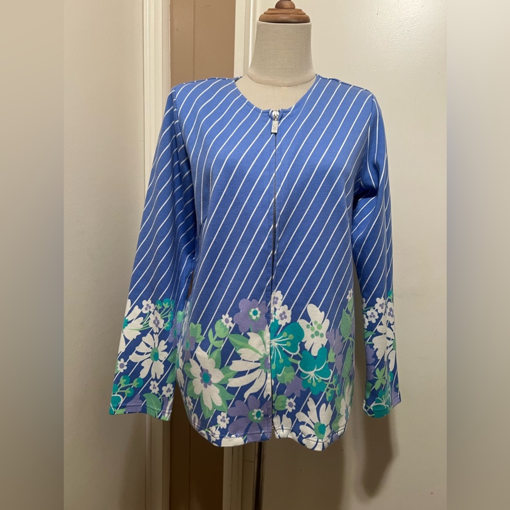 Bob Mackie Diagonal Stripe Multi-Floral Ponte Knit Jacket BLUE Size Small Zip Up